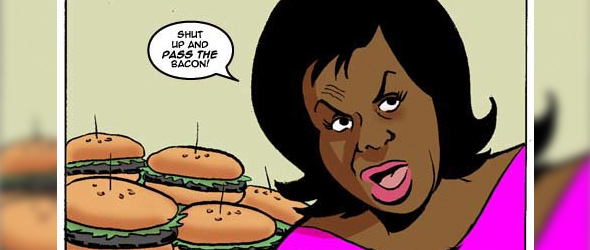 Michelle Obama is depicted as andrew breitbart michelle obama cartoon. Michelle Obama is depicted as